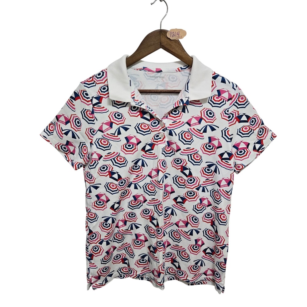 Lands End Womens Large White Beach Umbrella Print Cotton Polo Shirt Short Sleeve